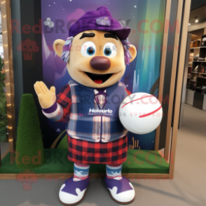 Purple Rugby Ball mascot costume character dressed with a Flannel Shirt and Headbands