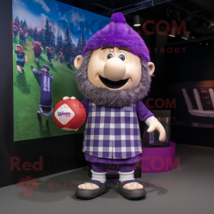 Purple Rugby Ball mascot costume character dressed with a Flannel Shirt and Headbands