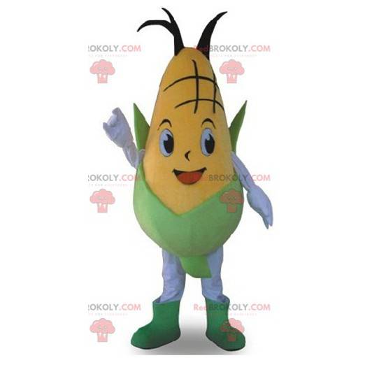 Mascota gigante de mazorca de maíz verde y amarillo -