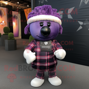 Purple Rugby Ball mascot costume character dressed with a Flannel Shirt and Headbands