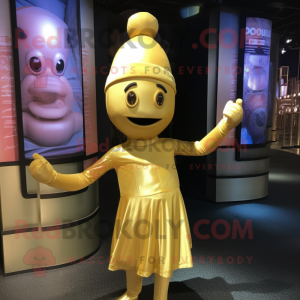 Gold Acrobat mascot costume character dressed with a Empire Waist Dress and Beanies