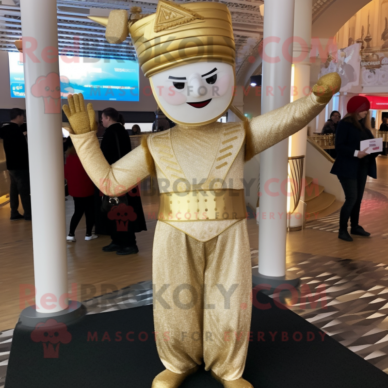 Gold Acrobat mascot costume character dressed with a Empire Waist Dress and Beanies