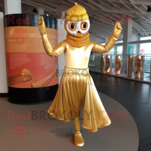 Gold Acrobat mascot costume character dressed with a Empire Waist Dress and Beanies