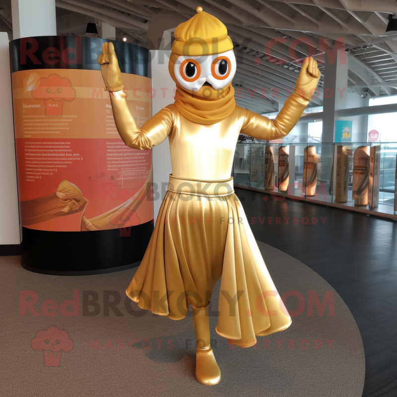 Gold Acrobat mascot costume character dressed with a Empire Waist Dress and Beanies Gold Acrobat mascot costume character dressed with a Empire Waist Dress and Beanies