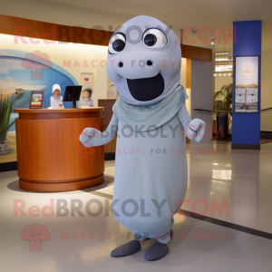 Gray Whale mascot costume character dressed with a Sheath Dress and Shoe clips