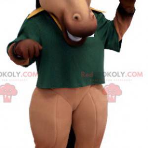 Brown and black horse mascot with a green polo shirt -