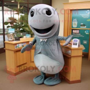 Gray Whale mascot costume character dressed with a Sheath Dress and Shoe clips
