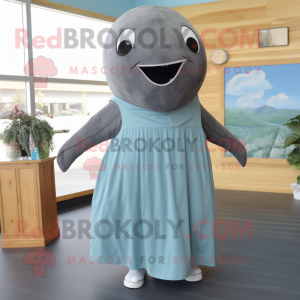 Gray Whale mascot costume character dressed with a Sheath Dress and Shoe clips