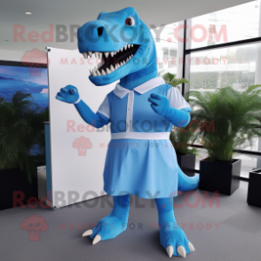 Sky Blue T Rex mascot costume character dressed with a Shift Dress and Belts