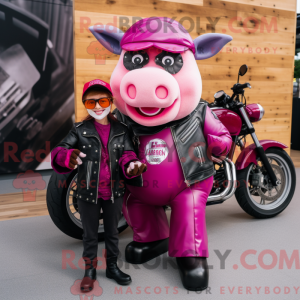 Maskotfigur av en magenta...