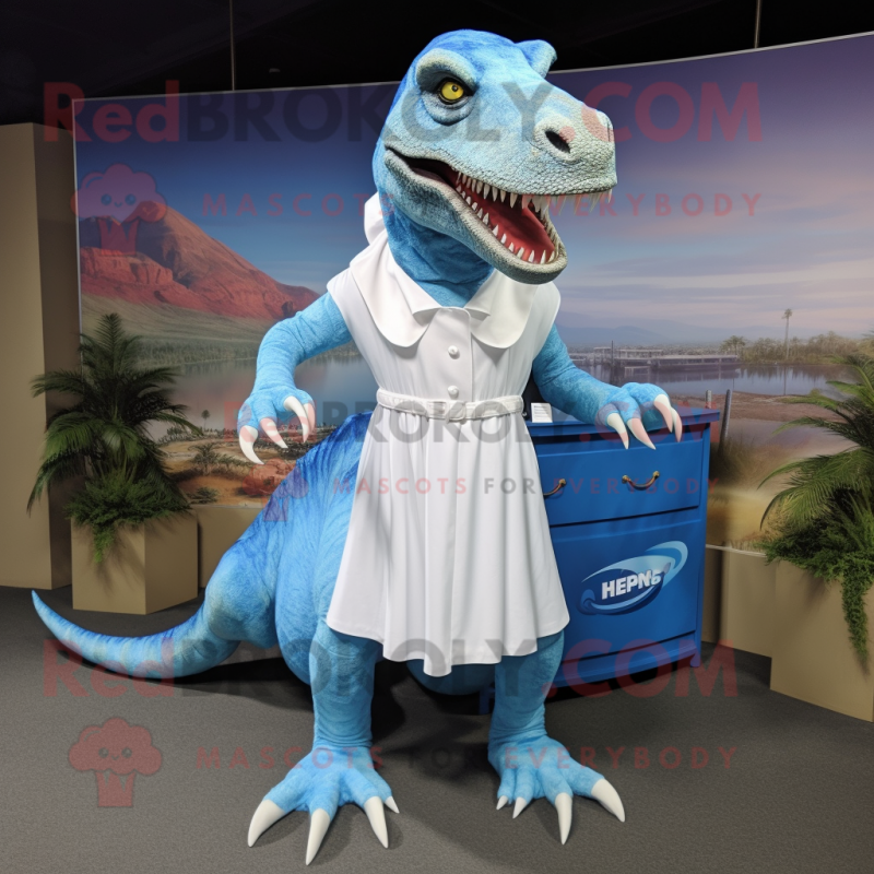 Sky Blue T Rex mascot costume character dressed with a Shift Dress and Belts Sky Blue T Rex mascot costume character dressed with a Shift Dress and Belts