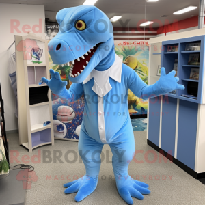 Sky Blue T Rex mascot costume character dressed with a Shift Dress and Belts