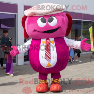Maskotfigur af en magenta...