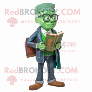 Forest Green Attorney mascot costume character dressed with a Denim Shirt and Reading glasses