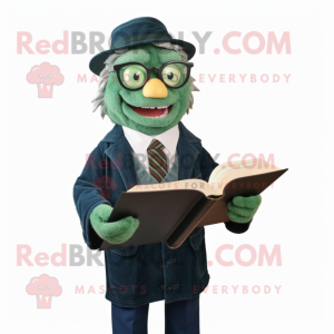 Forest Green Attorney mascot costume character dressed with a Denim Shirt and Reading glasses
