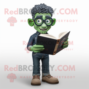 Forest Green Attorney mascot costume character dressed with a Denim Shirt and Reading glasses