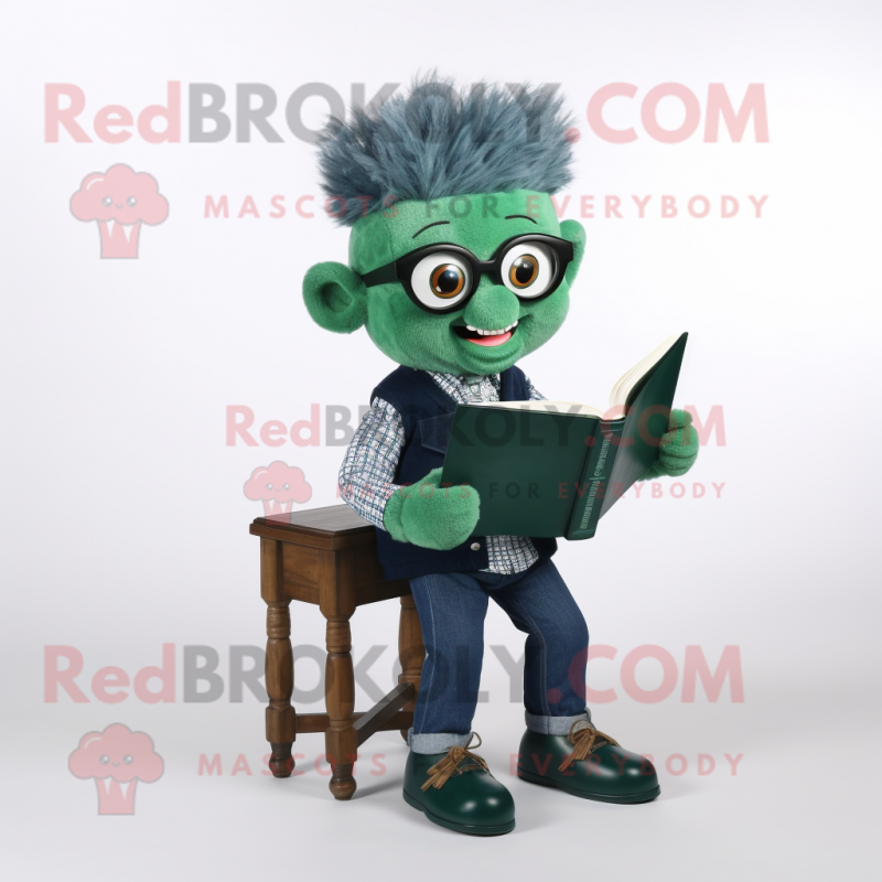Forest Green Attorney mascot costume character dressed with a Denim Shirt and Reading glasses Forest Green Attorney mascot costume character dressed with a Denim Shirt and Reading glasses