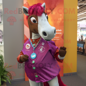 Magenta Horse mascot costume character dressed with a Button-Up Shirt and Necklaces
