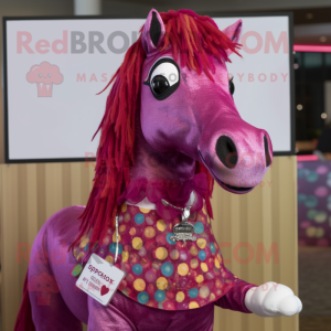 Magenta Horse mascot costume character dressed with a Button-Up Shirt and Necklaces