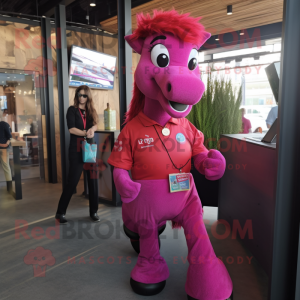 Magenta Horse mascot costume character dressed with a Button-Up Shirt and Necklaces