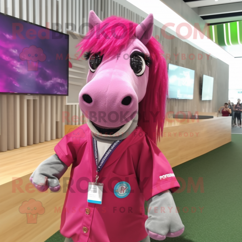 Magenta Horse mascot costume character dressed with a Button-Up Shirt and Necklaces