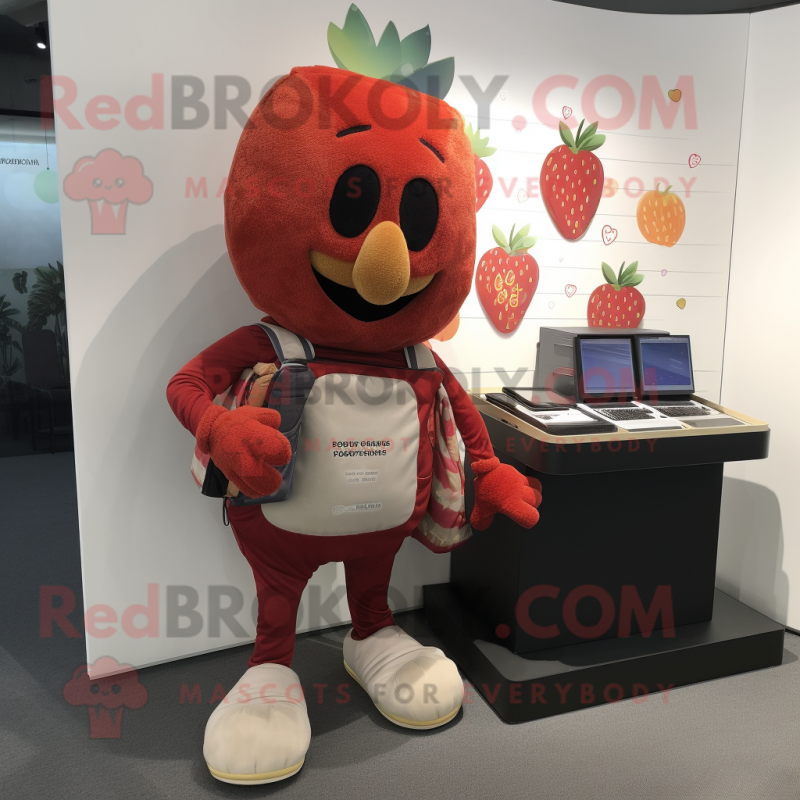 Rust Strawberry mascot costume character dressed with a Henley Tee and Wallets