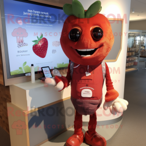 Rust Strawberry mascot costume character dressed with a Henley Tee and Wallets