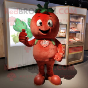 Rust Strawberry mascot costume character dressed with a Henley Tee and Wallets