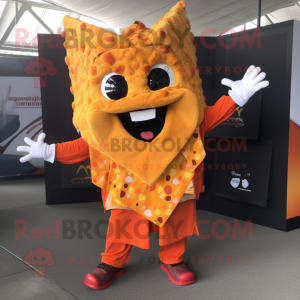 Orange Nachos mascot costume character dressed with a Vest and Hair clips