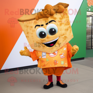 Orange Nachos mascot costume character dressed with a Vest and Hair clips