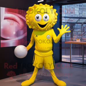 Lemon Yellow Medusa mascot costume character dressed with a Rugby Shirt and Shawl pins