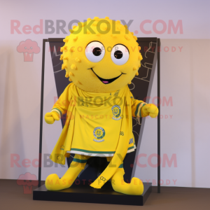 Lemon Yellow Medusa mascot costume character dressed with a Rugby Shirt and Shawl pins