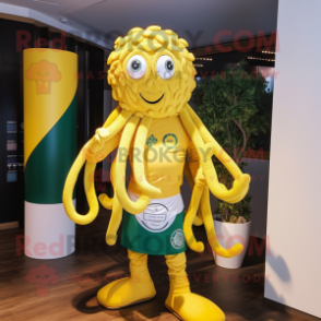 Lemon Yellow Medusa mascot costume character dressed with a Rugby Shirt and Shawl pins