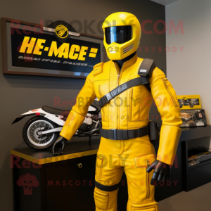 Yellow Gi Joe mascot costume character dressed with a Moto Jacket and Briefcases