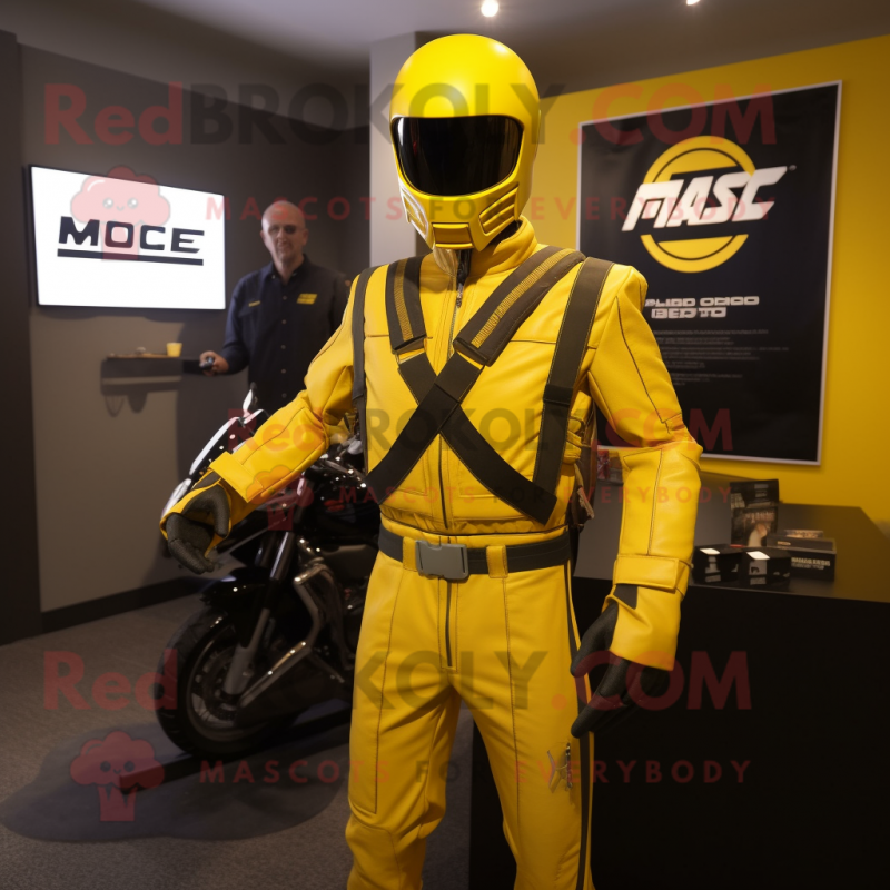 Yellow Gi Joe mascot costume character dressed with a Moto Jacket and Briefcases Yellow Gi Joe mascot costume character dressed with a Moto Jacket and Briefcases