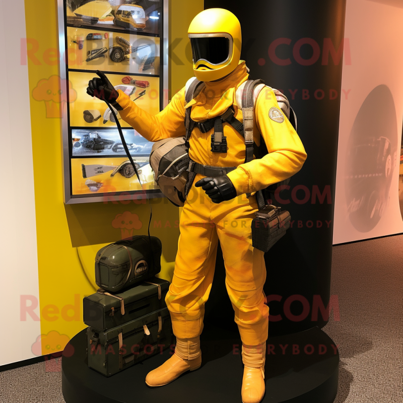 Yellow Gi Joe mascot costume character dressed with a Moto Jacket and Briefcases Yellow Gi Joe mascot costume character dressed with a Moto Jacket and Briefcases