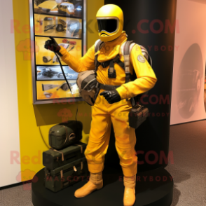 Yellow Gi Joe mascot costume character dressed with a Moto Jacket and Briefcases