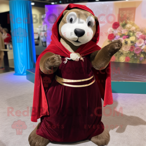 Maroon Otter mascot costume character dressed with a Ball Gown and Shawls