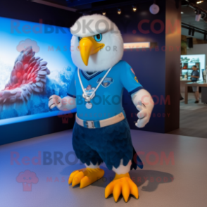 Blue Bald Eagle mascot costume character dressed with a Romper and Necklaces