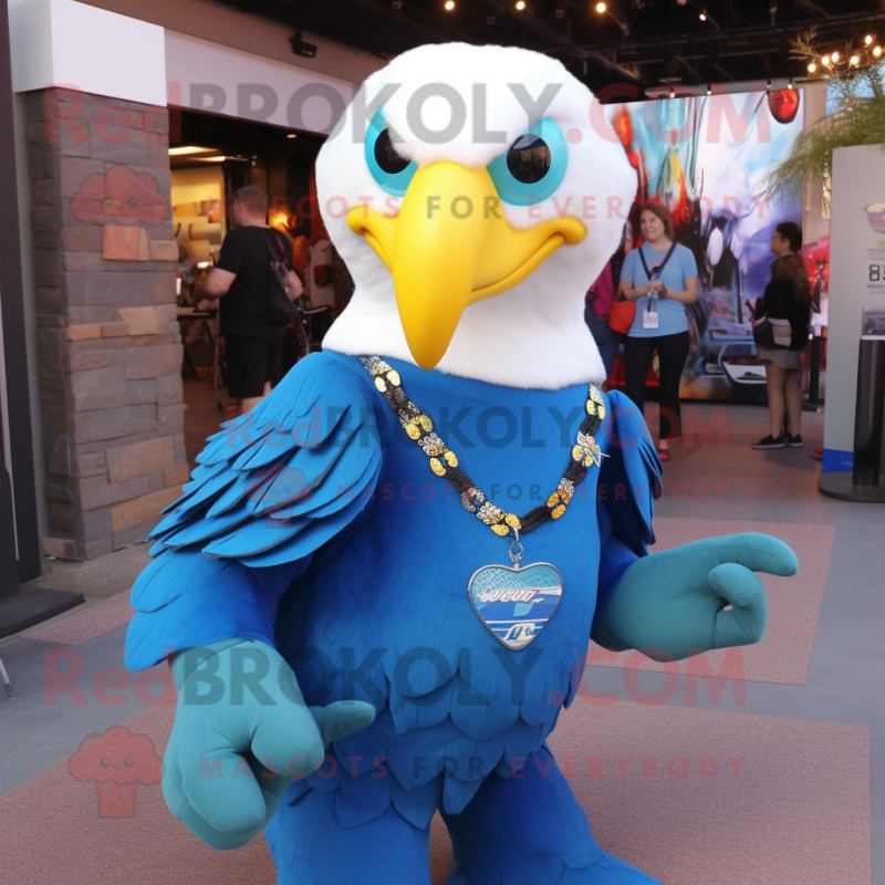 Blue Bald Eagle mascot costume character dressed with a Romper and Necklaces