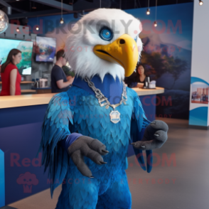 Blue Bald Eagle mascot costume character dressed with a Romper and Necklaces