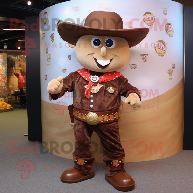 Brown Cowboy mascot costume character dressed with a A-Line Dress and Coin purses Brown Cowboy mascot costume character dressed with a A-Line Dress and Coin purses