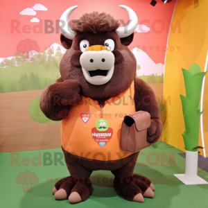 Peach Bison mascot costume character dressed with a V-Neck Tee and Handbags