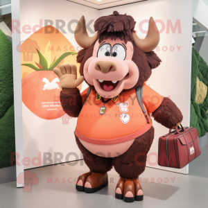 Peach Bison mascot costume character dressed with a V-Neck Tee and Handbags