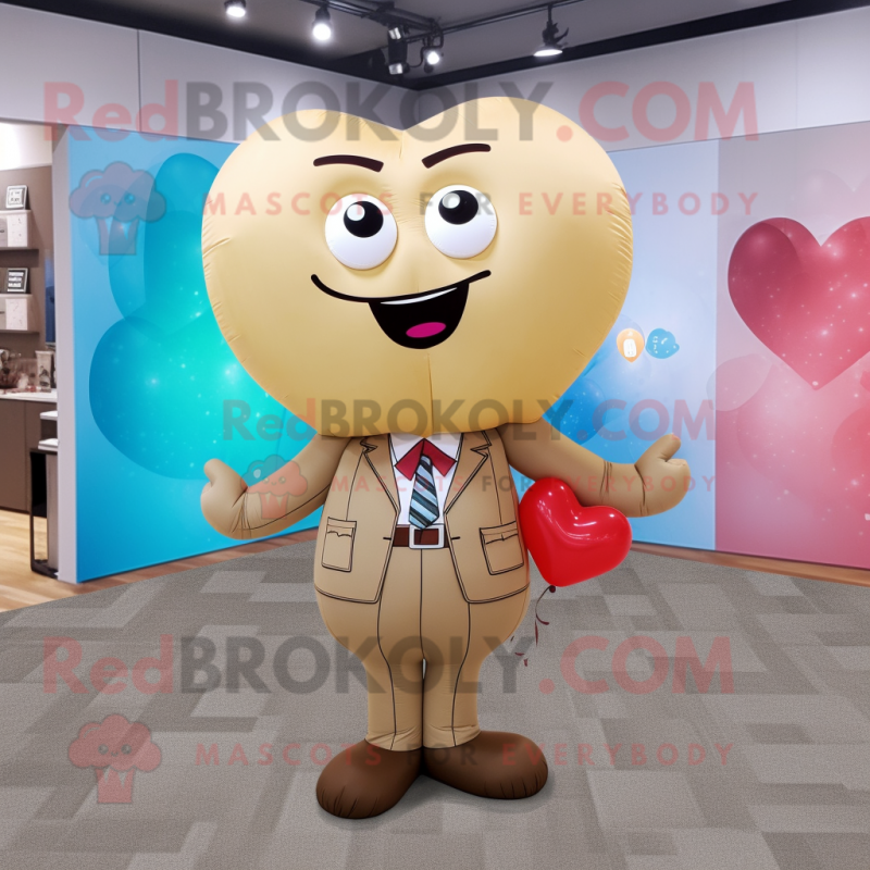 Tan Heart Shaped Balloons mascot costume character dressed with a Culottes and Tie pins Tan Heart Shaped Balloons mascot costume character dressed with a Culottes and Tie pins