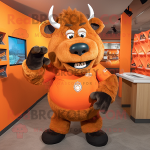 Orange Bison mascot costume character dressed with a Henley Shirt and Earrings