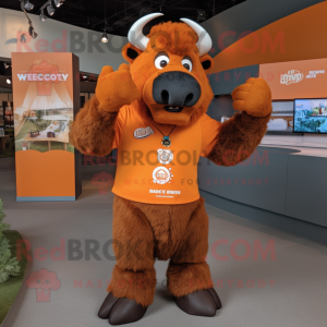 Orange Bison mascot costume character dressed with a Henley Shirt and Earrings