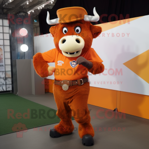 Orange Bison mascot costume character dressed with a Henley Shirt and Earrings
