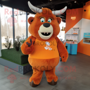 Orange Bison mascot costume character dressed with a Henley Shirt and Earrings