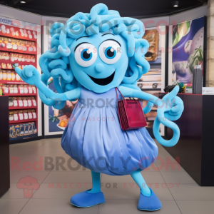 Sky Blue Medusa mascot costume character dressed with a Playsuit and Wallets